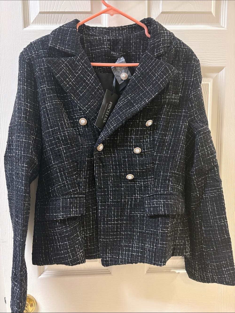 Black Tweed Double-Breasted Pearl Button Jacket